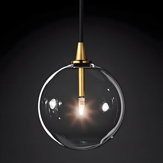 Minimalist Transparent Glass Ball Pendant Light in Gold Finish, Height Adjustable G4 LED Ceiling Haning Light for Dining Room & Living Room (20CM)