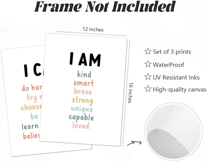 Kids Affirmation Wall Art Positive Canvas Wall Decor Inspirational Quotes Wall Art Motivational Words Pictures Daily Affirmations Poster Nursery Prints for Playroom Children Room 12x16x3 Inch Unframed