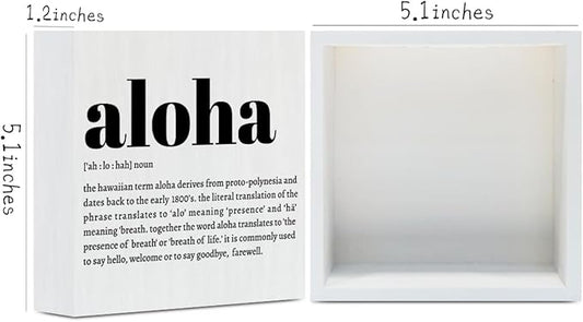 Aloha Definition Hawaii Rustic Home Office Decor Wooden Box Sign, Inspirational Hawaiian Gifts for Christmas Thanksgiving North Island Decorative Office Desk Accessories Table Shelf Decor Plaque Sign