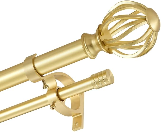 Brass Double Curtain Rods 36-72 Inch, Double Curtain Rods with Round Cage & Barrel Finials, 1-Inch Front and 5/8 Inch Back Double Drapery Rod, Telescoping Double Curtain Rod for Window