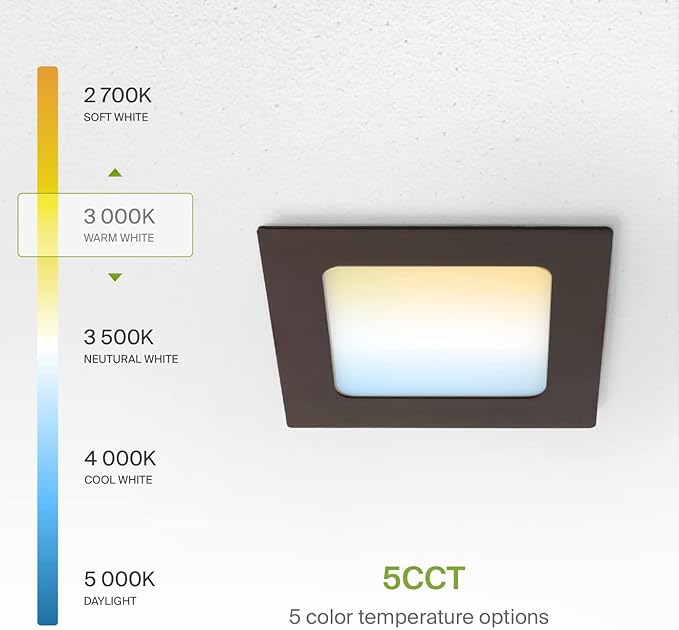 ASD 12 Pack LED Square Recessed Lighting 4 Inch, 5 CCT 2700K-5000K, 12W 50W Eqv, Ultra Thin Dimmable Ceiling Lights with J Box, Canless Wafer Downlight, Slim Panel, UL Energy Star, Oil-Rubbed Bronze