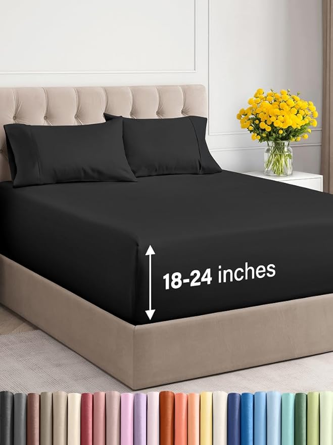 Extra Deep Twin XL Sheet Set - 4 Piece Breathable & Cooling Sheets - Hotel Luxury Bed Sheets Set - Easy & Secure Fit - Soft, Wrinkle Free & Comfy Sheets Set - Black Sheet Set with Extra Deep Pockets