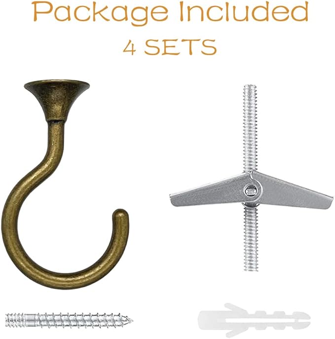 4 Sets Ceiling Hook Large Swag Heavy Duty Swag Hook with Hardware for Hanging Plants Ceiling Easy Installation Cavity Wall Dry Wall Indoor & Outdoor (4 Sets Antique Brass)