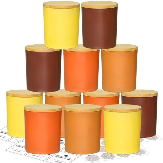 12 Pack Glass Candle Jars-10oz Fall Empty Candle Jars with Bamboo Lids and Sticky Labels, Bulk Candle Jars for Making Candles Containers - Dishwasher Safe