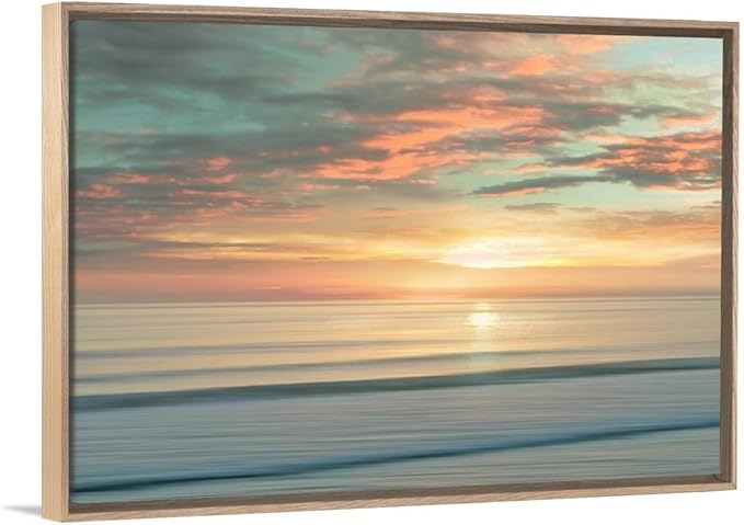 CANVAS ON DEMAND Beach Sunrise Natural Wood Float Framed Canvas Wall Art Print by Alex Hanson, Contemporary, Home Decor, Ocean Artwork,48" x32in