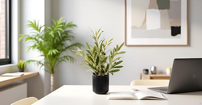 14 inch Artificial Olive Plant Indoor Fake Plants with Ceramic Black Pot Faux Silk Plant with Realistic Trunk Perfect for Home Office Table Decoration