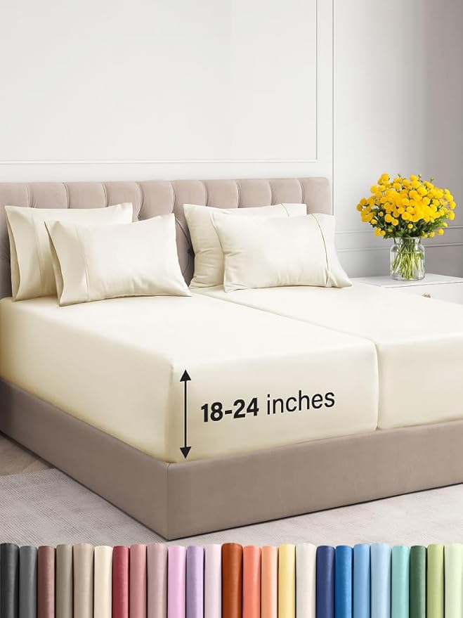 Extra Deep Split King Sheet Set - 7 Piece Breathable and Cooling Sheets - Hotel Luxury Bed Sheets Set - Easy Fit - Soft, Wrinkle Free and Comfy Sheets Set - Off White Sheet Set with Extra Deep Pockets