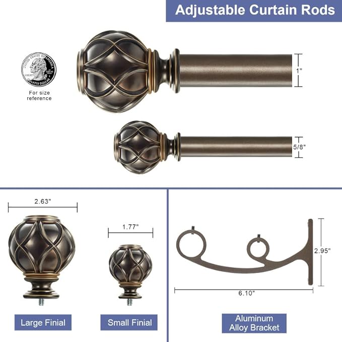 Double Curtain Rods 48 to 84 Inches, Antique Bronze Double Drapery Rods with Classic Finials, Adjustable 1-Inch Front and 5/8 Inch Back Double Window Rods