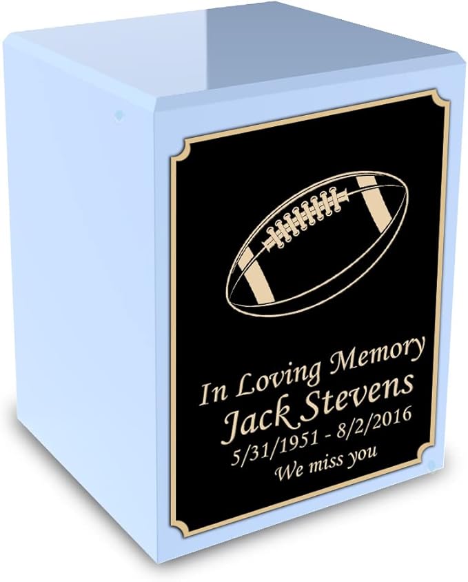 GetUrns Custom Football Small Urn Box for Human Ashes I Personalized Wooden Keepsake Cremation Urn for Male or Female I Light Blue Memorial Box I 40lbs