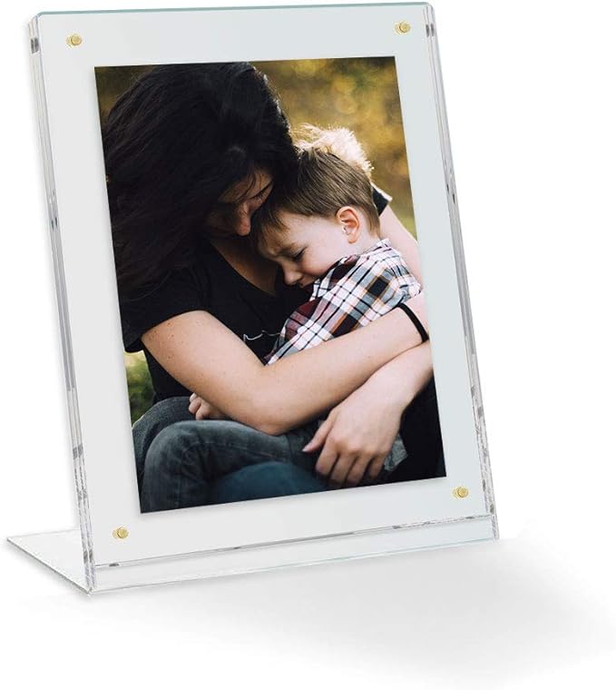 9x9 Acrylic Floating Picture Frame - Table Stand with Gold Magnetic Front Cover to Easily Change Photos - Made in The USA