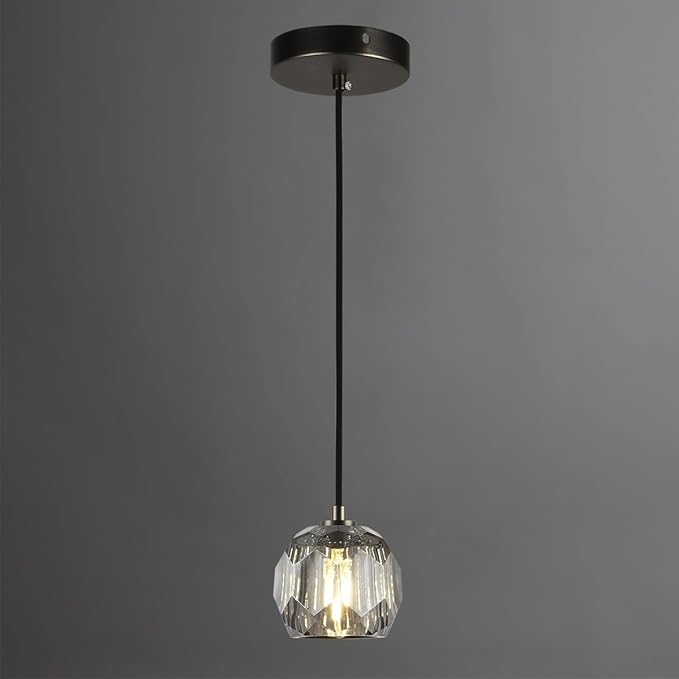 Modern Smoke Pendant Light, Brushed Black Ceiling Light Small Crystal Pendant Light Kitchen Island, Single Pendant Hanging Light Fixture for Dining Room Bathroom