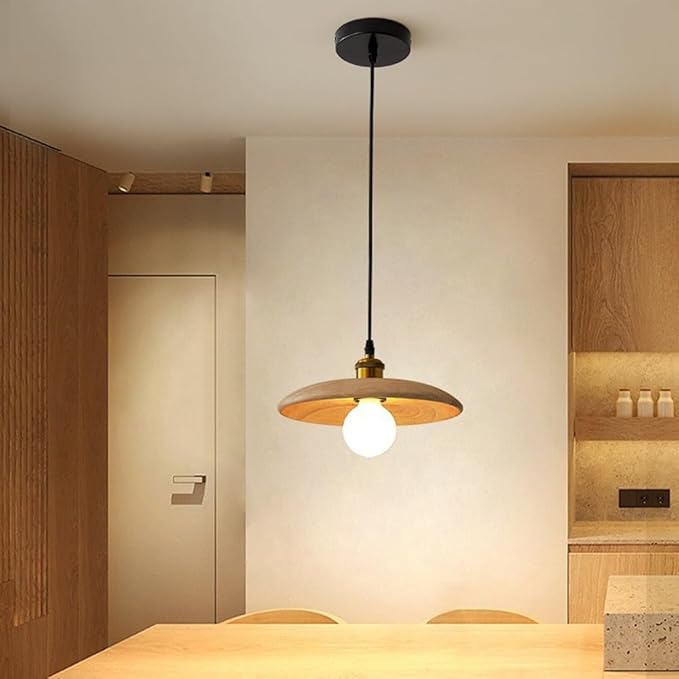 Modern Nordic Minimalist Solid Wood Pendant Light Japanese Style Disc Hanging Lamp Natural Wood Finish Pendant Lamp for Dining Room Kitchen Island Bedroom Lighting