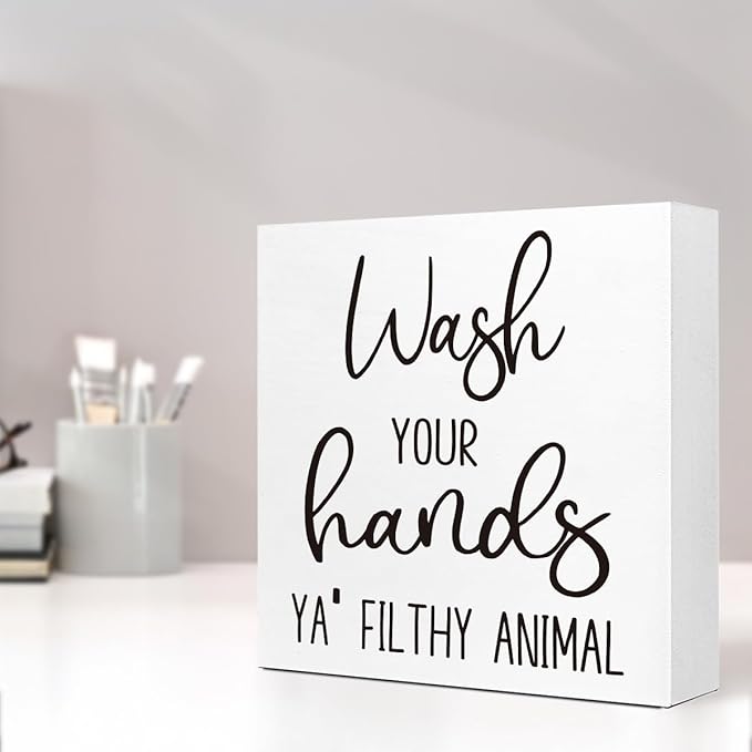 LVQHI Wash Your Hands Ya Filthy Animal Sign Bathroom Decor, Funny Small Bathroom Decor For Shelves, Rustic Sign Decoration For Toilet Restroom Tabletop Desk