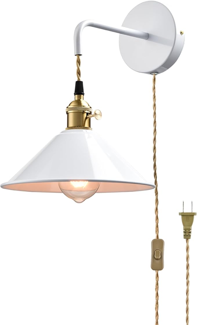 Plug-in Wall Lamp with Umbrella Shade, Bright White Wall Light Fixture Set of Two with On/Off Switch Nordic and Industrial Wall Sconces for Cabinet Bedroom bar