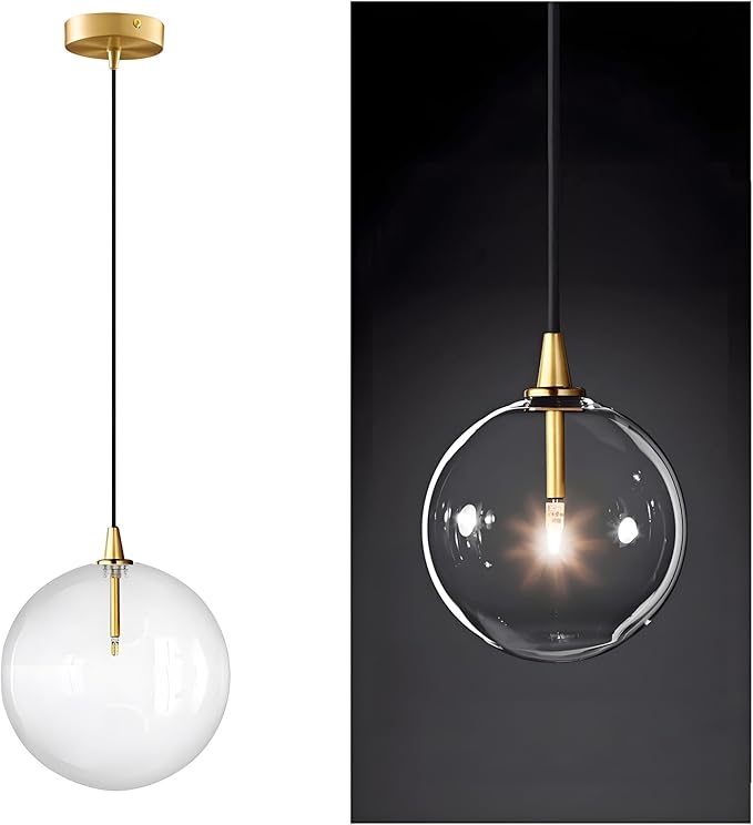 Minimalist Transparent Glass Ball Pendant Light in Gold Finish, Height Adjustable G4 LED Ceiling Haning Light for Dining Room & Living Room (20CM)