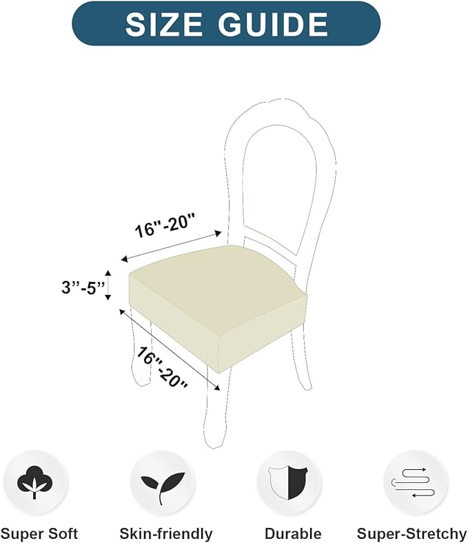 Genina Waterproof Seat Covers for Chairs,Set of 6 Dining Room Chair Seat Covers for Kitchen,Stretch Jacquard Removable Washable Dining Chair Slipcovers Protectors,No Rear Covers, Beige