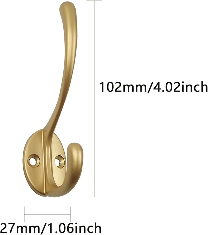 Gold Wall Hooks, Brass Metal, Coat and Towel Hangers,Heavy-Duty Zinc Alloy Double Coat Hooks with Rust-Resistant Finish Solid Brass Hooks for Coat, Towel & Hat Storage, 2pack (Gold