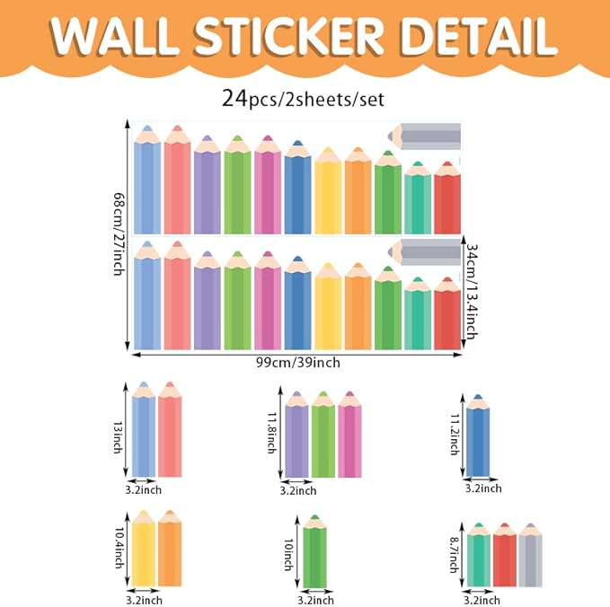 Colorful Pencils Wall Stickers, Rainbow Penceils Wall Decals, Peel and Stick Removable DIY Large Educational Corner Wall Decor for Study Classroom Nursery Bedroom Blackboard Decoration