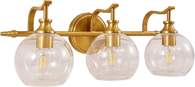 ANDY STAR Bruhsed Gold Bathroom Light Fixtures, Gold 3 Light Bathroom Vanity Lights, 3 Lights Wall Light with Globe Clear Lampshade, Vintage Brass Sconce with Metal Lamp Body for Bedroom, Living Room