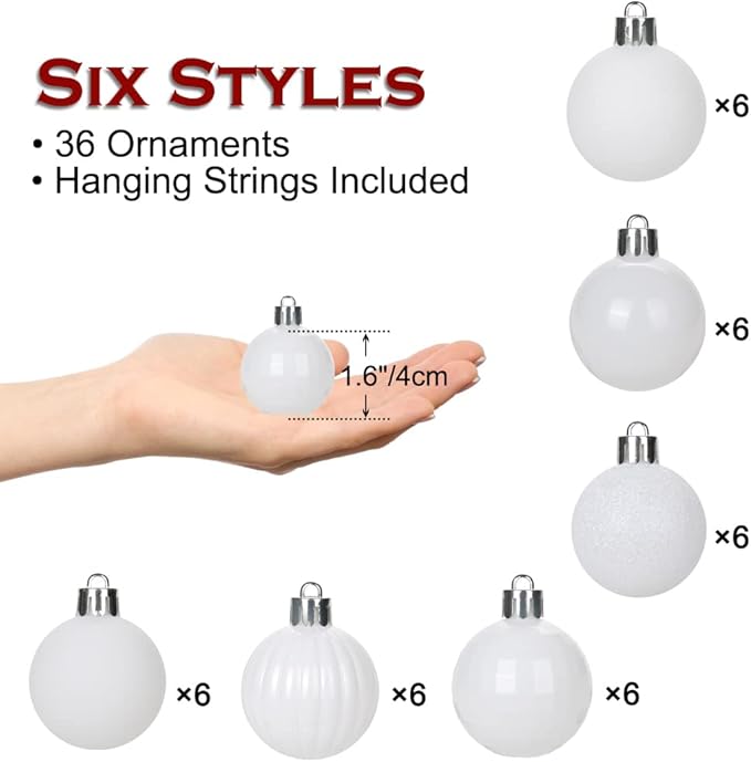 1.57" White Christmas Ornaments for Christmas Tree 36 Pcs Mini Shatterproof Balls Christmas Tree Decorations Small Xmas Ornaments Balls with Hanging Loop for Wedding Holiday Party Wreath Home Decor