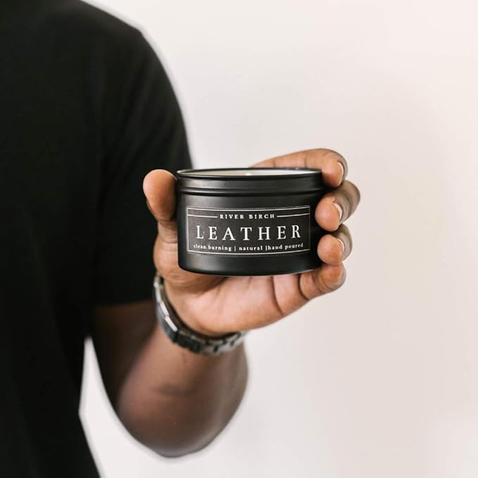 River Birch Leather Scented Candle - Premium, Natural, Non-Toxic, Soy Candles Ideal for Home Decor & Cozy Gifts - Black Matte Tin - 8 oz