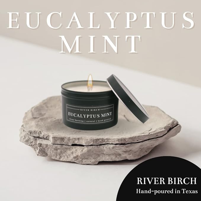 River Birch Candles Eucalyptus Mint Scented Candle | Premium, All-Natural, Non-Toxic, Soy Candles | 8 oz. Black Matte Tin Travel Candle | Cozy Relaxing Gifts for Home