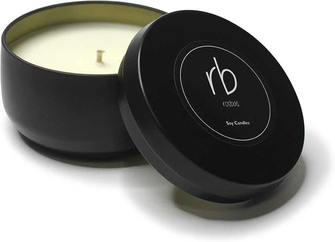 Rosbas Candle, Pomegranate Cider Scented, Natural Soy Wax, Black Metallic Tin, 6 oz, Cotton Wick, Long Burn Time, Drawstring Cotton Bag, Non-Toxic, Handmade in The USA