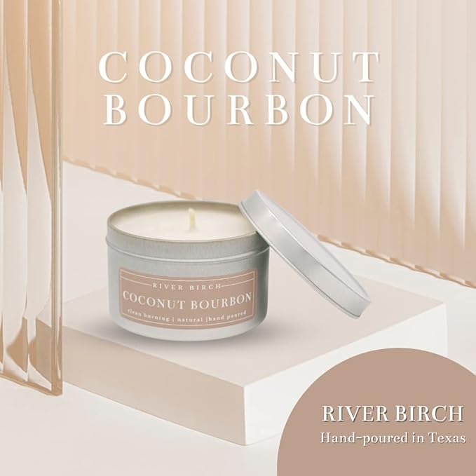 River Birch Premium All-Natural, Non-Toxic Soy Candle | 8 oz. Silver Tin Travel Candle | Cozy Relaxing Coconut Bourbon Scented Gifts for Home