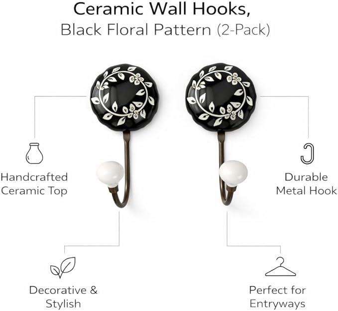 Ceramic Wall Hooks, Black with White Floral Pattern, 2-Pack Decorative Coat Hangers, 8 lb Capacity (4, Black)