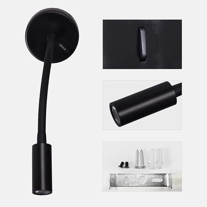 Wall Mounted Reading Lamp LED 3W Warm White 3000K Hardwired for Reading Matt Black(Black Hard-Wired 2PCS)