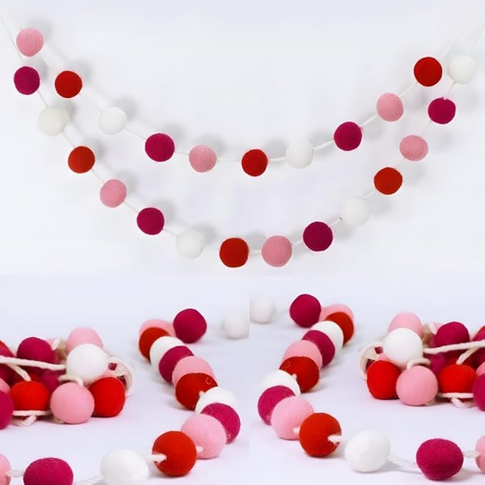 Pom Pom Garland Felt Ball Valentine Garland, 100% Wool,6.5 Feet Long,24 Pom-Poms，for Wall Christmas Tree,Parties, Valentine's Day Tree,Weddings Decor