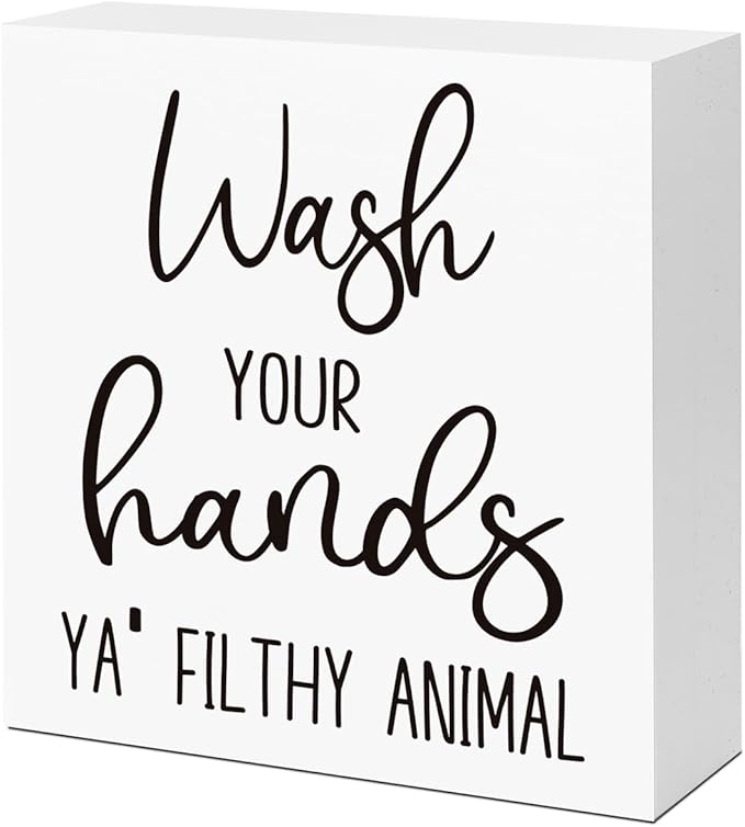 LVQHI Wash Your Hands Ya Filthy Animal Sign Bathroom Decor, Funny Small Bathroom Decor For Shelves, Rustic Sign Decoration For Toilet Restroom Tabletop Desk