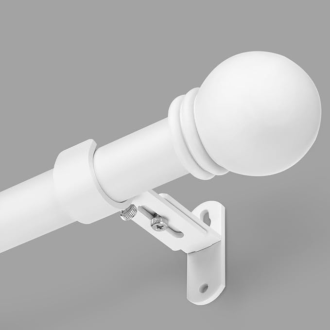 Curtain Rods for Windows 16 to 120 Inches, Curtain Rod Max Adjustable Length of 132 IN, 1" Diameter Drapery Rods Round Finials, White, Pack of 1