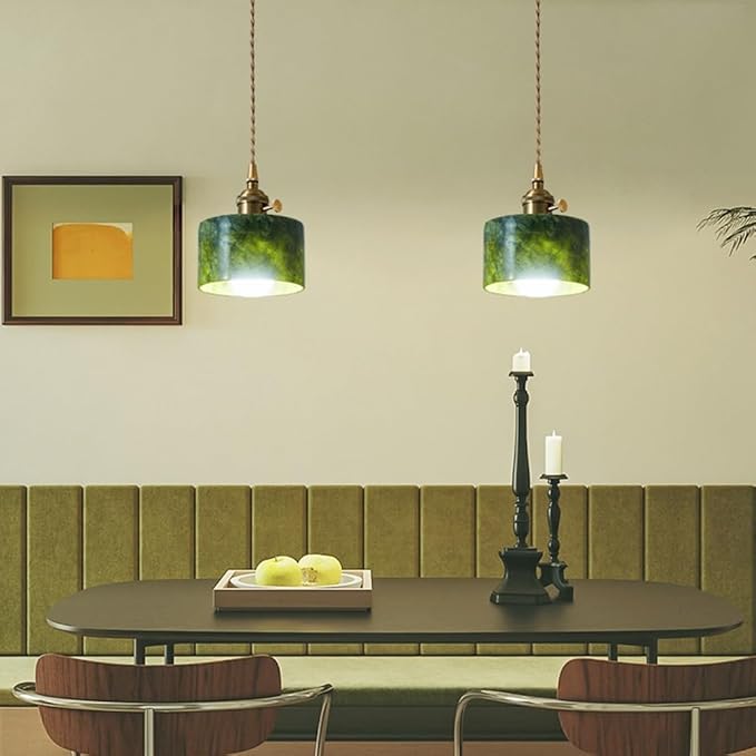 Modern Green Jade Stone Pendant Light Nordic Minimalist Pendant Lamp Cylindrical Hanging Lamp for Dining Room Kitchen Island Bar Bedside Lighting