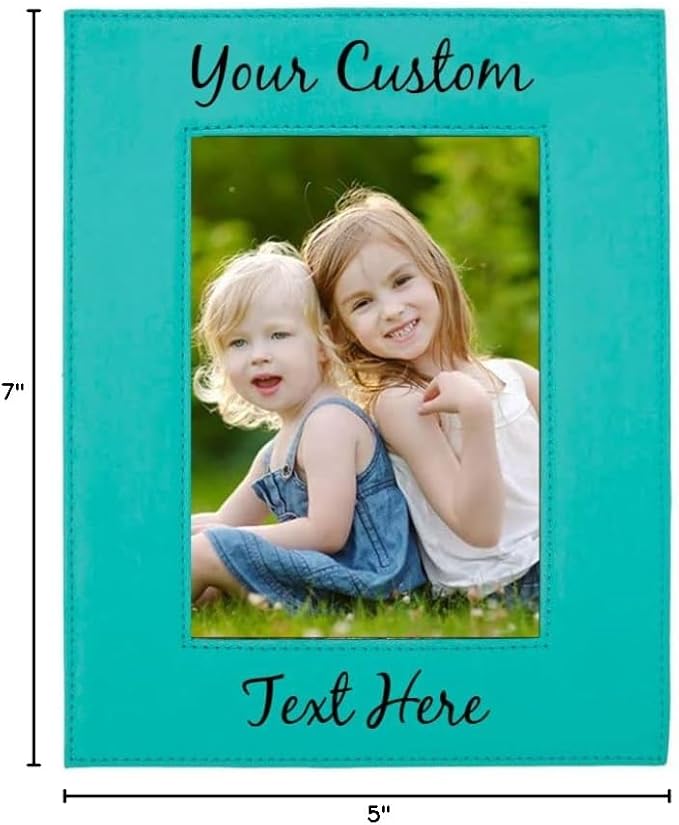 CustomGiftsNow Personalized Add Your Custom Text Engraved Leatherette Faux Leather Hanging/Tabletop Personalized Group Family Photo Picture Frame (Teal, 5x7-inch Vertical)
