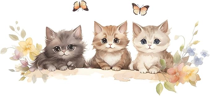 Cute Cat Wall Decals – Watercolor Kitten Wall Stickers with Flowers and Butterflies, Removable Vinyl Wall Art for Bedroom, Living Room, Office, or Home Decoration