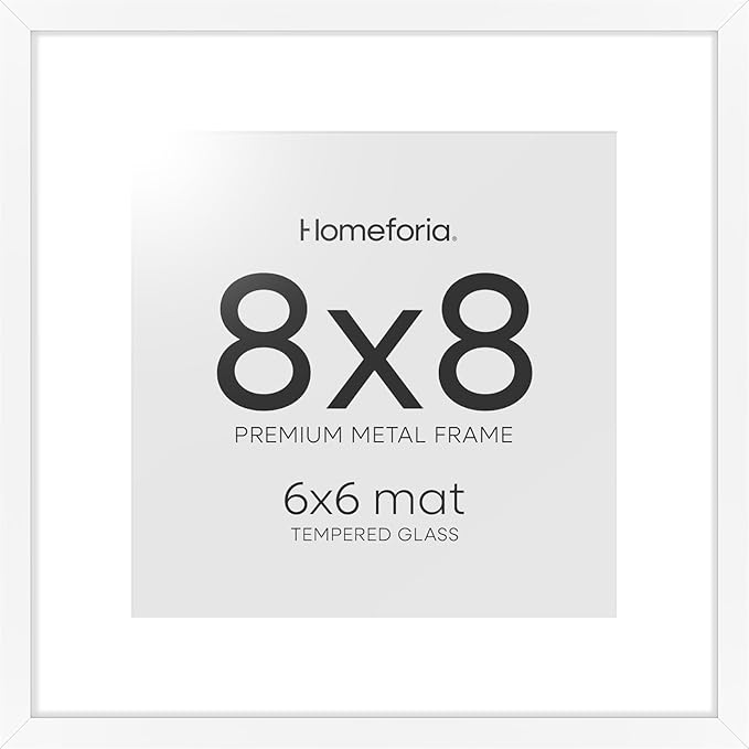 Homeforia 8x8 White Picture Frame, High End Metal 8 x 8 Square Photo Frames with Mat 6 by 6, 8x8 Poster Frame Matted to 6x6 inch Print, 8by8 Wall or Tabletop Frames, Tempered Glass, Wall Kit, Set of 1