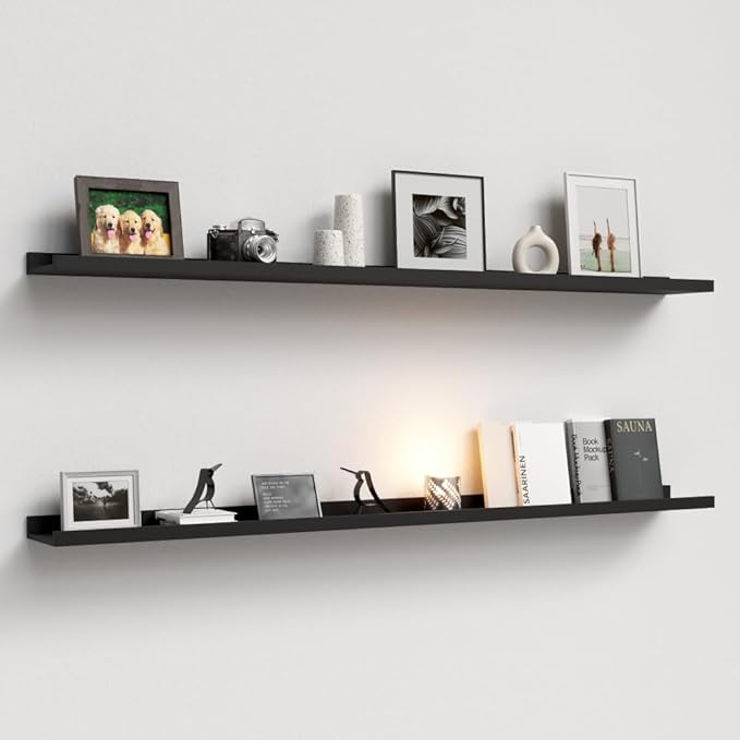 55.1 Inches Long Floating Shelves, 2 Set Modern Wall Shelf for Bedroom, Nursery Book Shelf with Lip, Picture Ledge Shelf for Wall Decor Living Room Bathroom Kitchen - Black