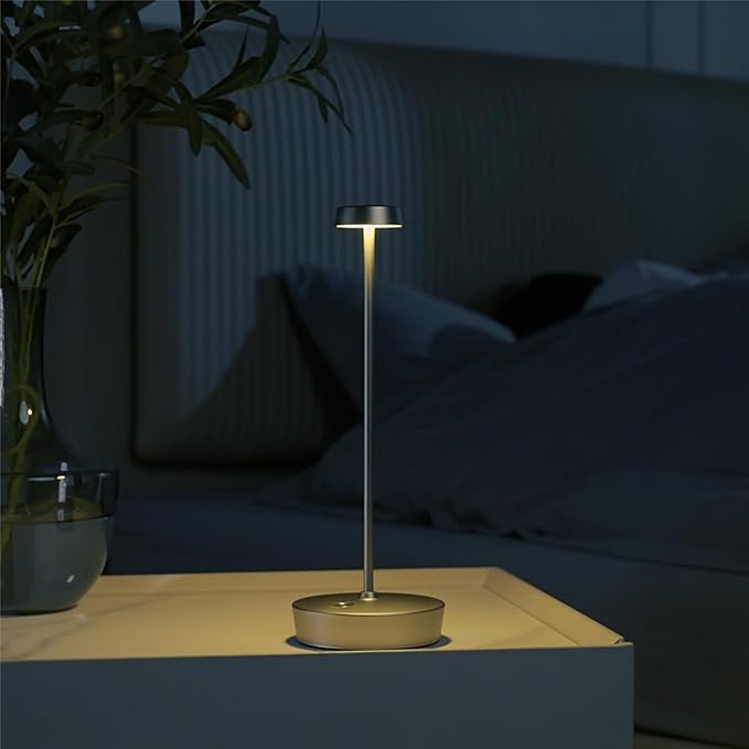 Cordless LED Table Lamp，Rechargeable Battery Desk Lamps, 3 Color Stepless Dimmable Metal Battery Table Lamps, Portable Table Light for Indoor/Outdoor/Restaurants/Bedroom/Bar