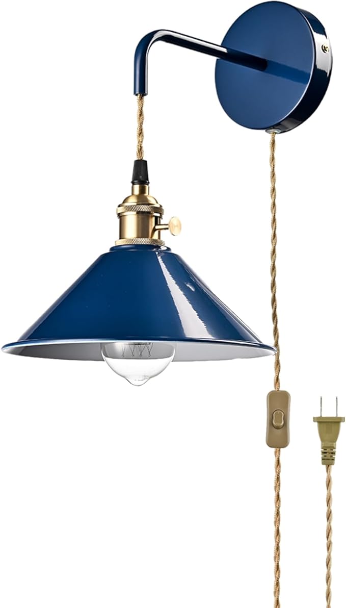 Plug-in Macaron Wall Sconce, Hanging Height-Adjustable Wall Lamp Set of Two, Hardwire Optional, Blue Industrial Wall Light Fixture for Home Office