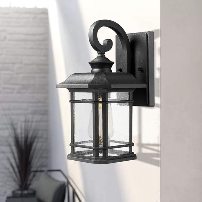 Emliviar Outdoor Wall Lanterns 2 Pack, 1-Light Exterior Wall Mount Light, Black Finish with Clear Seedy Glass, 2084B-2BK