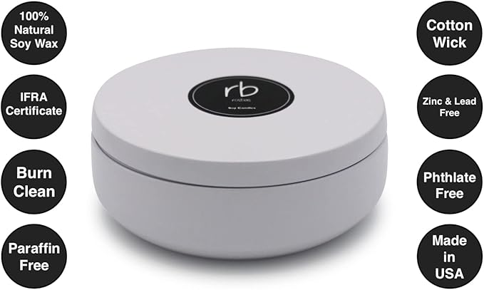 Rosbas Candle, Green Tea & Lemongrass Scented, Natural Soy Wax, White Metallic Tin, 14.5 oz, 4 Cotton Wicks, Long Burn Time, Drawstring Cotton Bag, Non-Toxic, Handmade in The USA