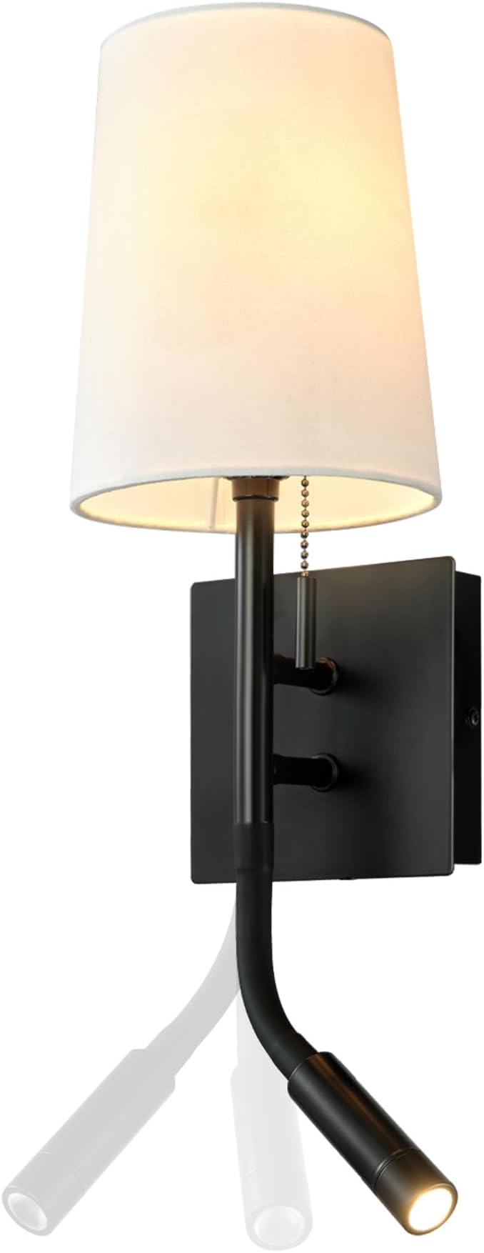 GLOBE Electric 1-Light Plug-in or Hardwired Wall Sconce with LED Integrated Reading Light, USB-A Port, USB-C Port, Matte Black, White Fabric Shade, On-Off Pull Chain and Rocker Switch