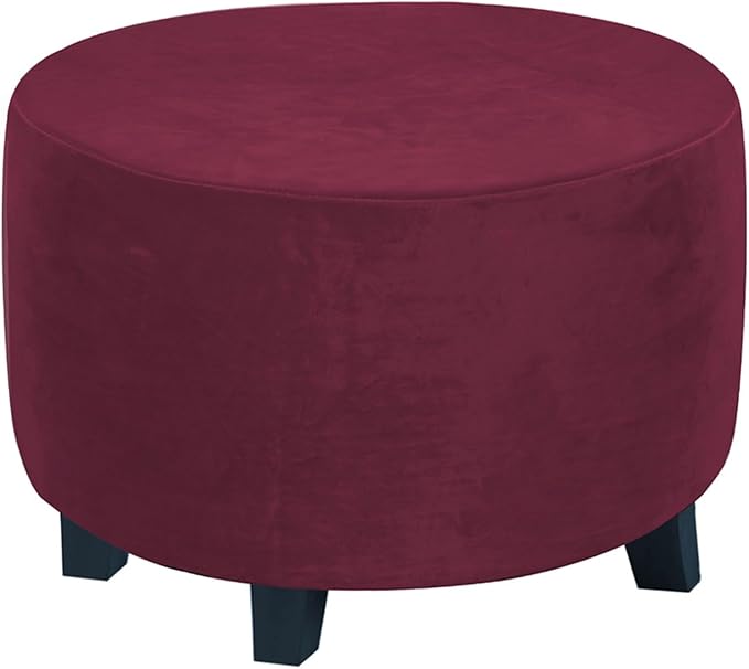 Round Ottoman Cover Stretch Velvet Plush Footstool Cover Non Slip Washable Ottoman Slipcover with Elastic Bottom