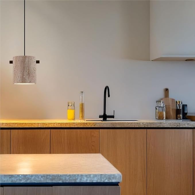 Modern Travertine Stone Pendant Light Minimalist Cylindrical Solid Wood Accents Pendant Lamp Adjustable Hanging Lamp for Bedroom Living Room Dining Room Ambient Lighting