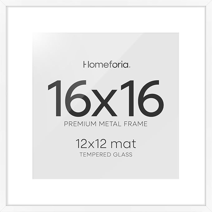 Homeforia 16x16 Picture Frame White, High End Metal 16x16 Square Poster Frame Matted to 12x12 Print, 16 x 16 White Frames with Mat 12 x 12 Photo, 16by16 Thin Frames, Tempered Glass, Wall Kit, Set of 1