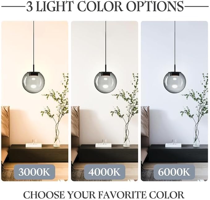 Advanced 3CCT Smoke Glass Pendant Light, Built-in LED Panel for Ultra-Even, Glare-Free Lighting, Modern Design and Stylist Fixture for Kitchen Island, Dining Table and Bedside(7.9in, 2-Pack)