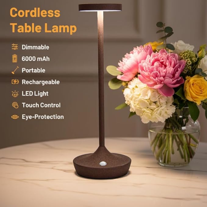 Cordless Table Lamp Rechargeable - 6000mAh LED Battery Operated Table Light - Portable Touch Dimmable Outdoor Waterproof Table Lamps for Patio Restaurant Dining (2 Rust)