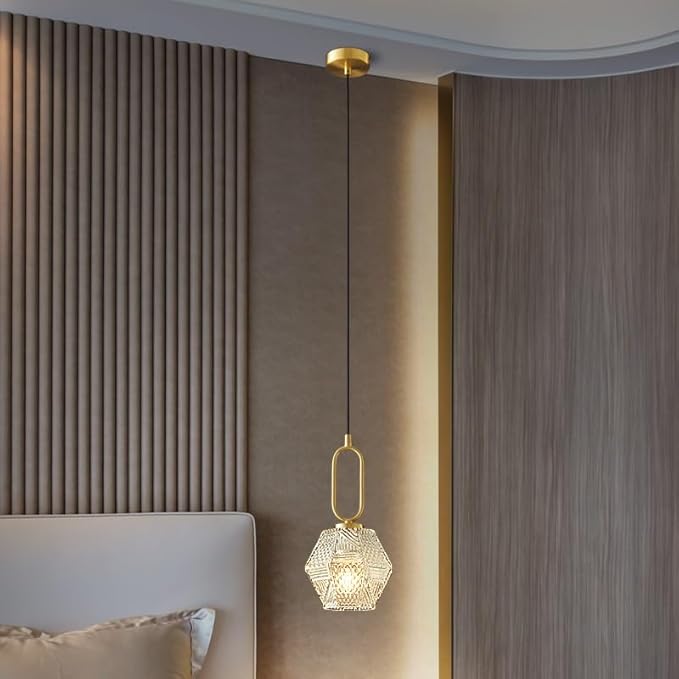 Modern Gold Hexagonal Pendant Light Contemporary Clear Glass Pendant Lamp Minimalist Bedside Hanging Lamp for Kitchen Island Bedroom Bedside Accent Lighting