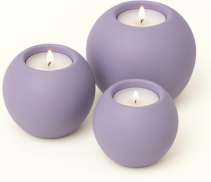 Concrete Sphere Tea Light Holder - Minimalist Centerpiece - Candle Holder - Modern Interior Design (Lilac Purple, Large Sphere)